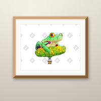 Treefrog Balloon art print in an oak frame on a wall