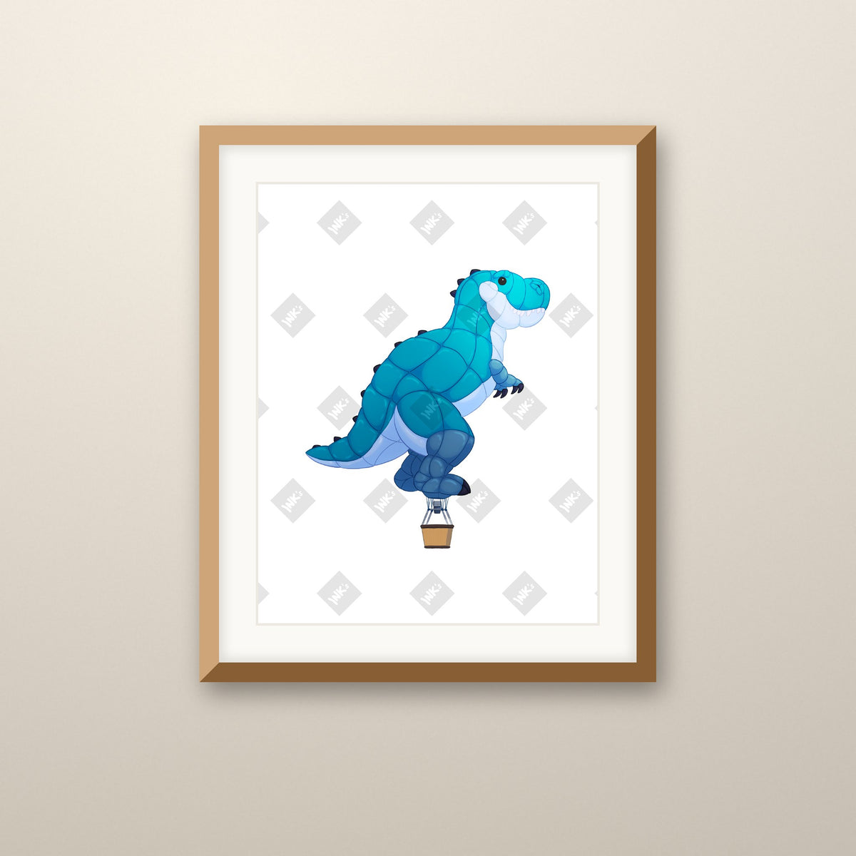 Trex Balloon art print in an oak frame on a wall