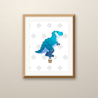 Trex Balloon art print in an oak frame on a wall