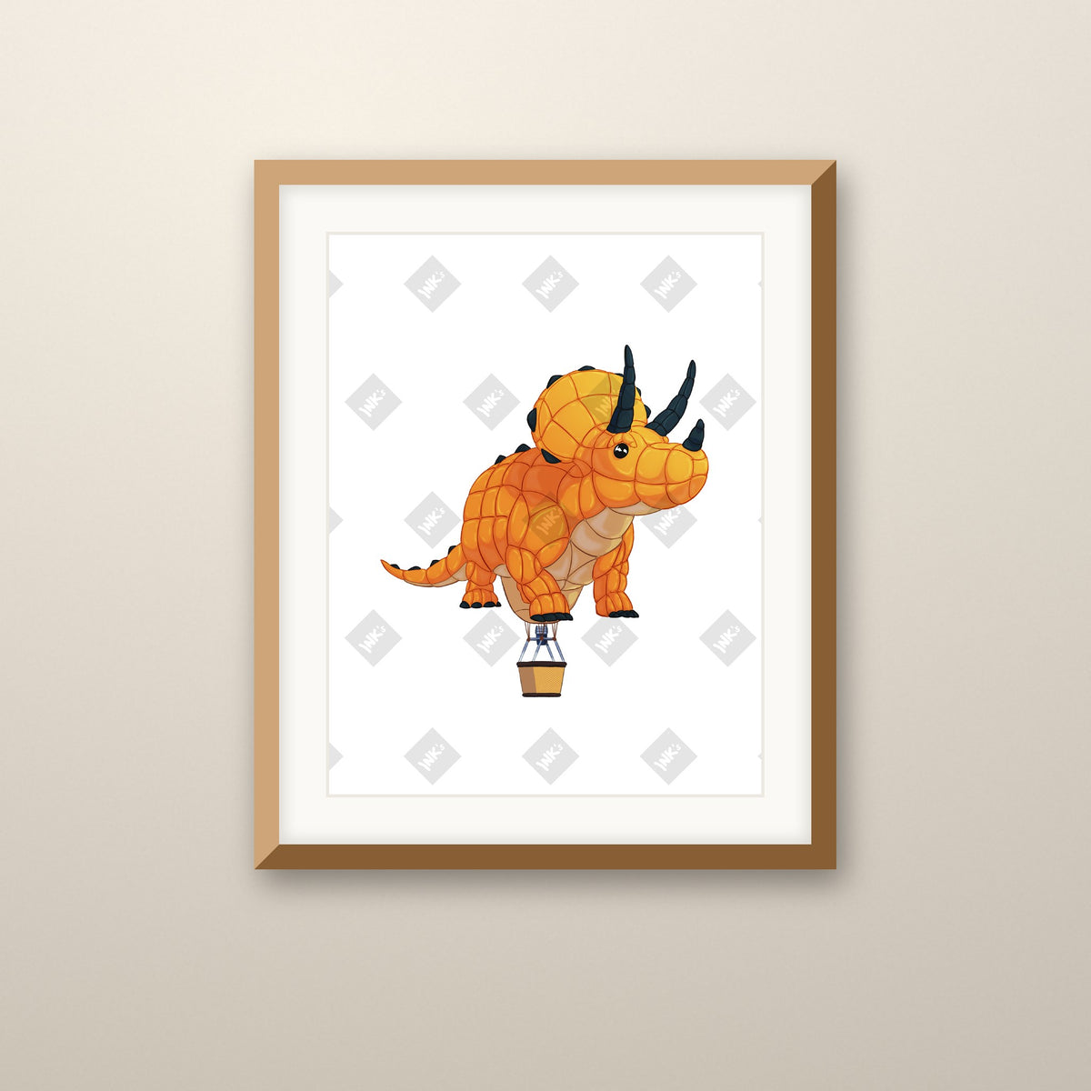 Triceratops Balloon art print in an oak frame on a wall