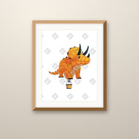 Triceratops Balloon art print in an oak frame on a wall