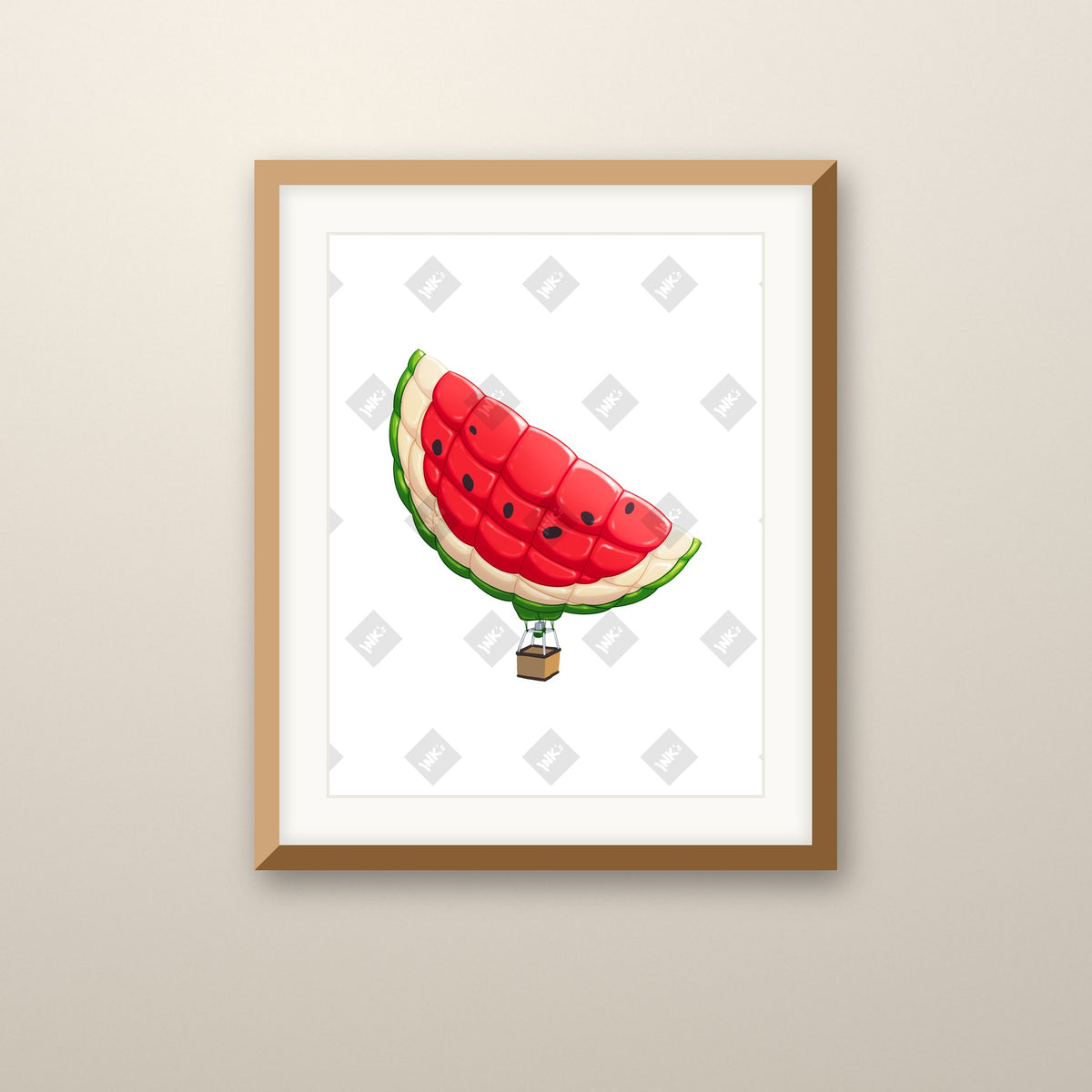Watermelon Balloon art print in an oak frame on a wall