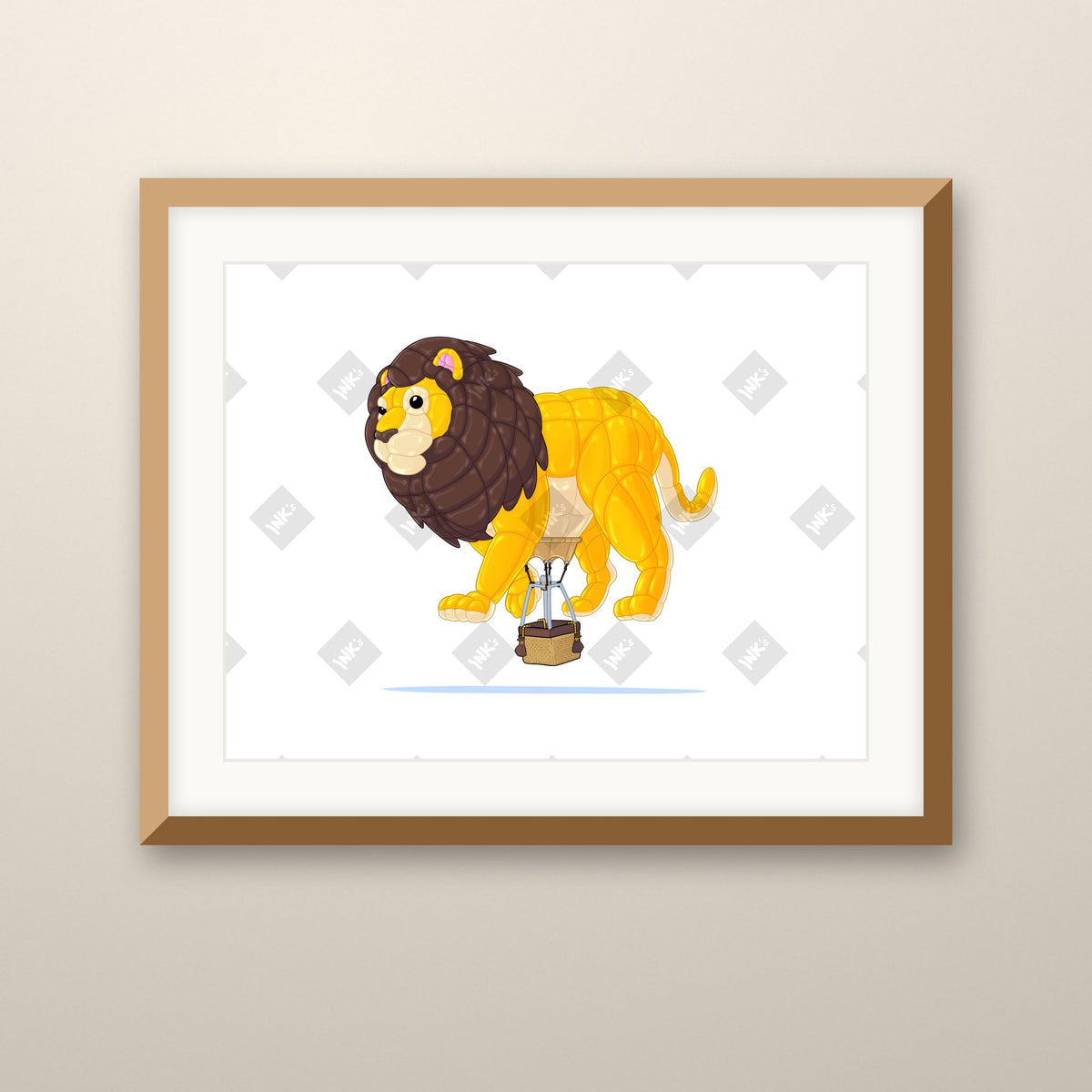 Lion Balloon art print in an oak frame on a wall