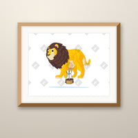 Lion Balloon art print in an oak frame on a wall