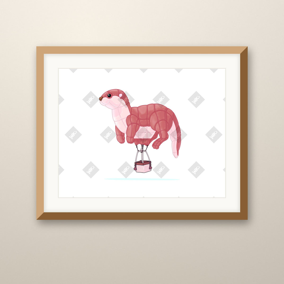 Otter Balloon art print in an oak frame on a wall