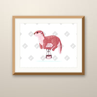 Otter Balloon art print in an oak frame on a wall