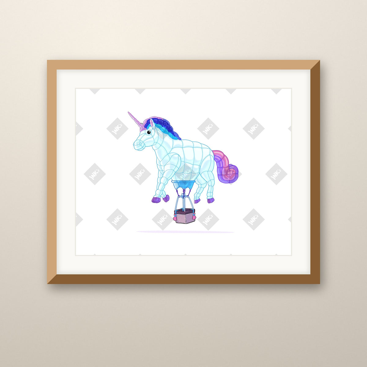 Unicorn Balloon art print in an oak frame on a wall