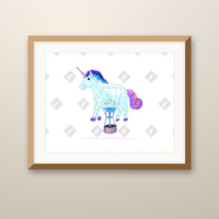 Unicorn Balloon art print in an oak frame on a wall