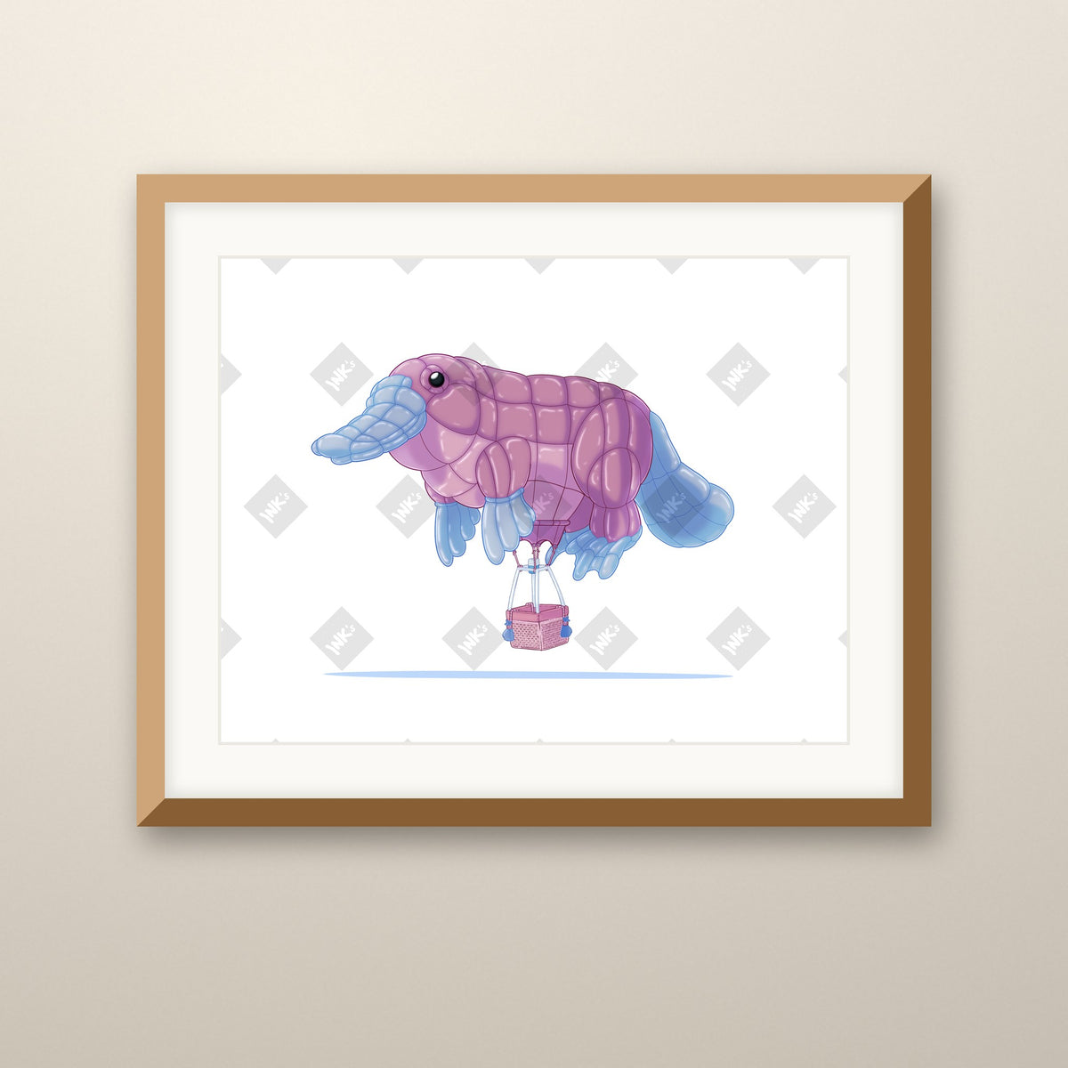 Platypus Balloon art print in an oak frame on a wall