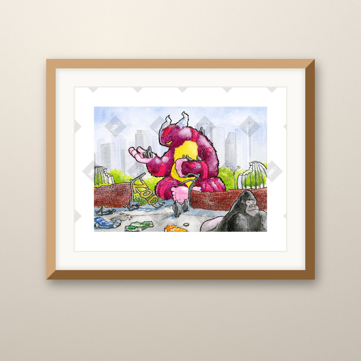 Zoo art print in an oak frame on a wall