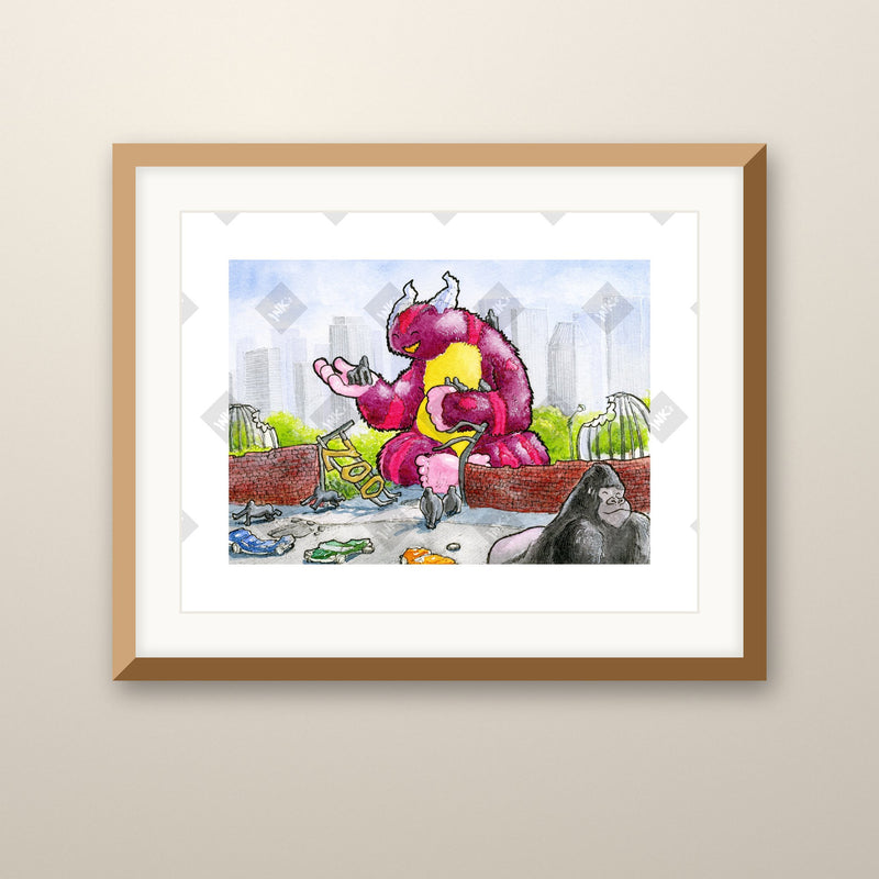 Zoo art print in an oak frame on a wall