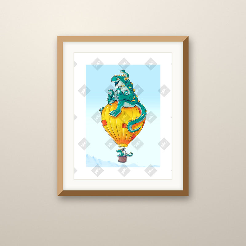 Balloon Ride art print in an oak frame on a wall