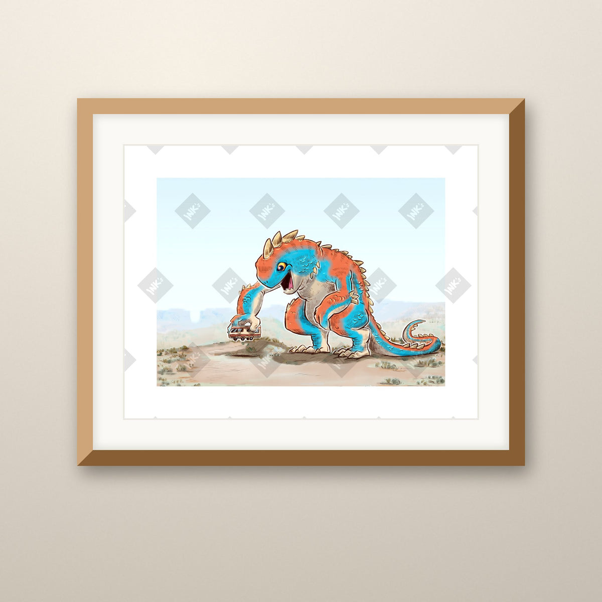 Camper art print in an oak frame on a wall