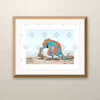 Camper art print in an oak frame on a wall