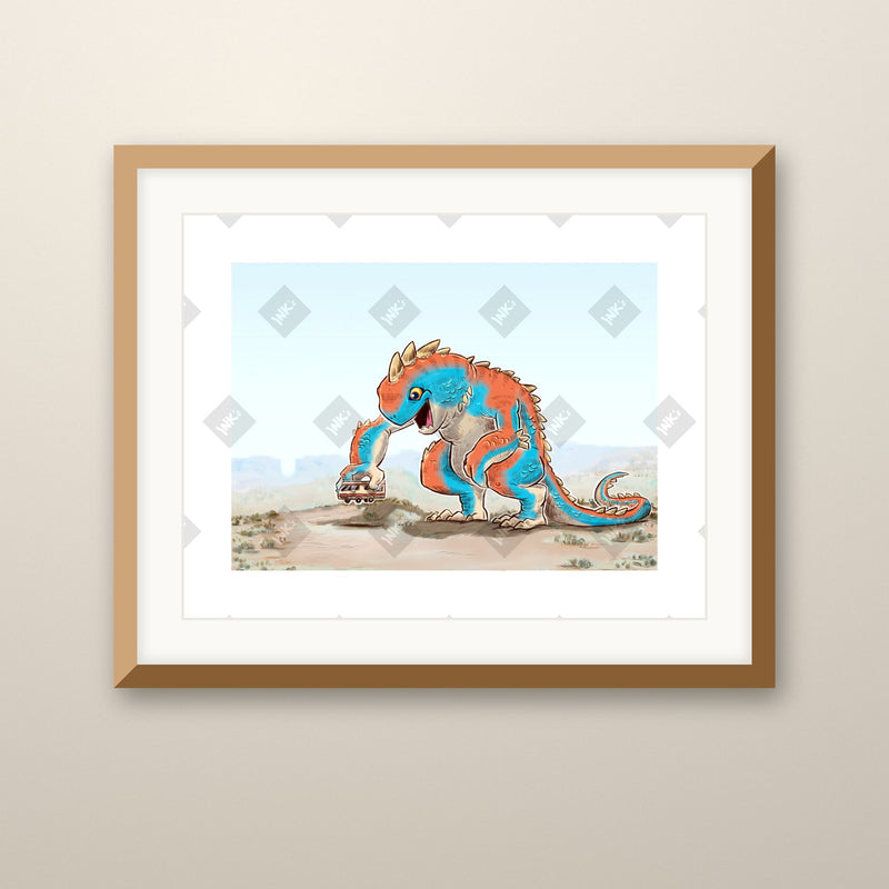 Camper art print in an oak frame on a wall