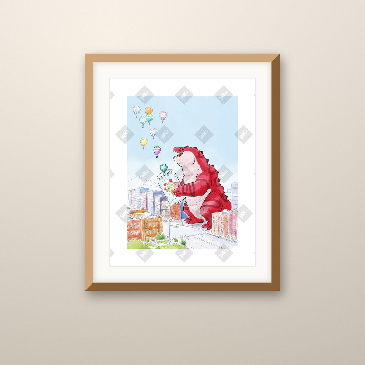 Balloon Jar art print in an oak frame on a wall
