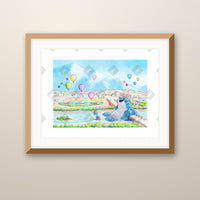 Alameda Bridge art print in an oak frame on a wall