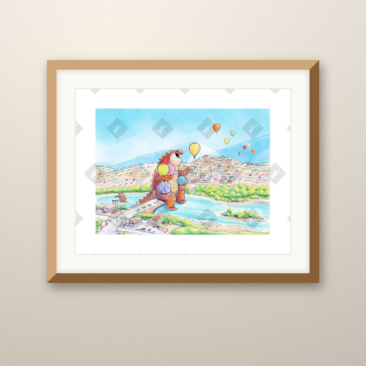Bernalillo Bridge art print in an oak frame on a wall