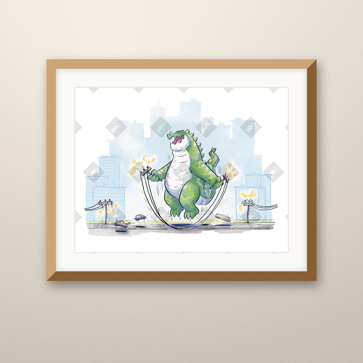 Jumper art print in an oak frame on a wall
