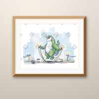 Jumper art print in an oak frame on a wall