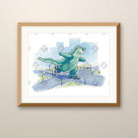 Skate art print in an oak frame on a wall