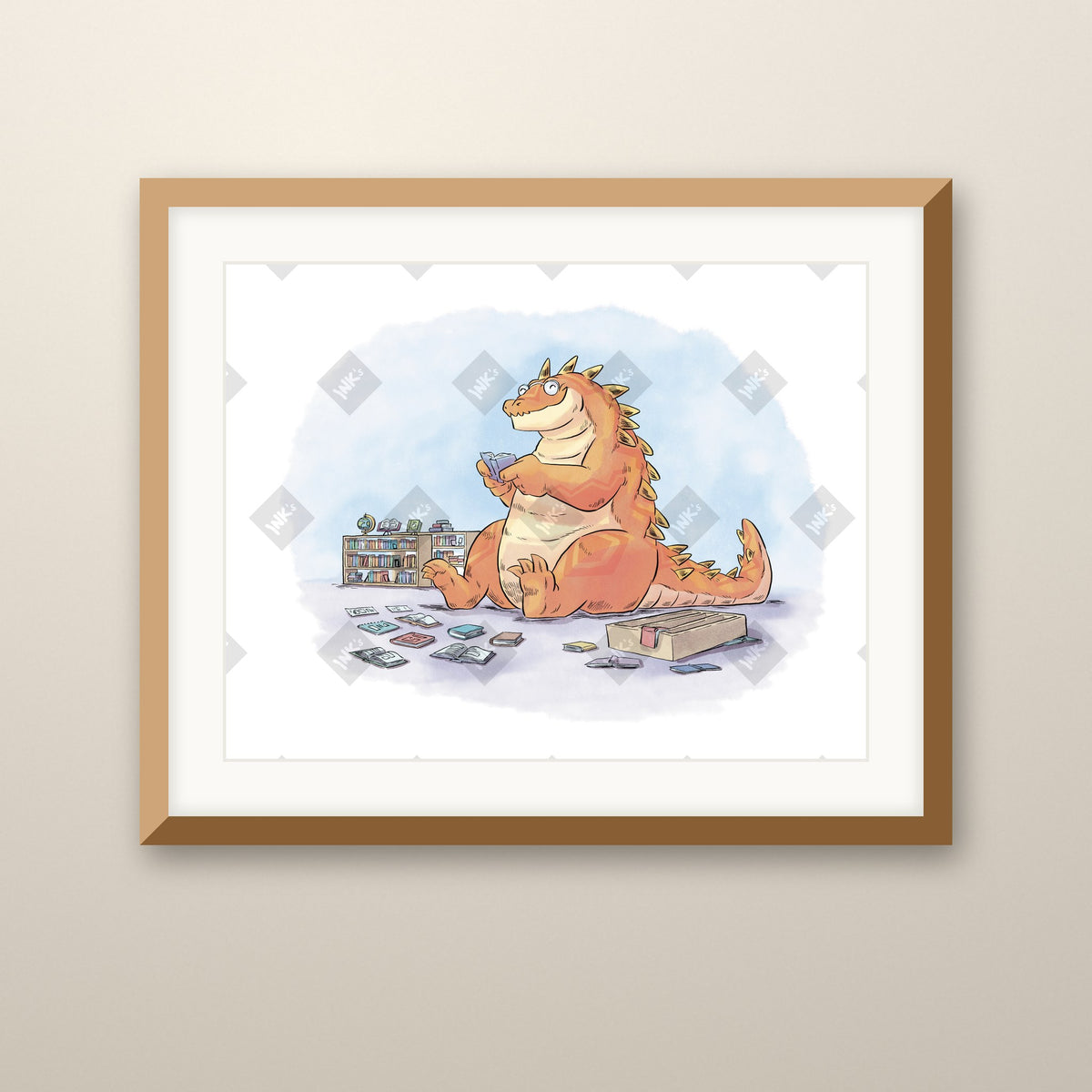 Books art print in an oak frame on a wall