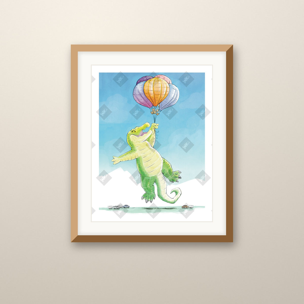 Lift Off art print in an oak frame on a wall