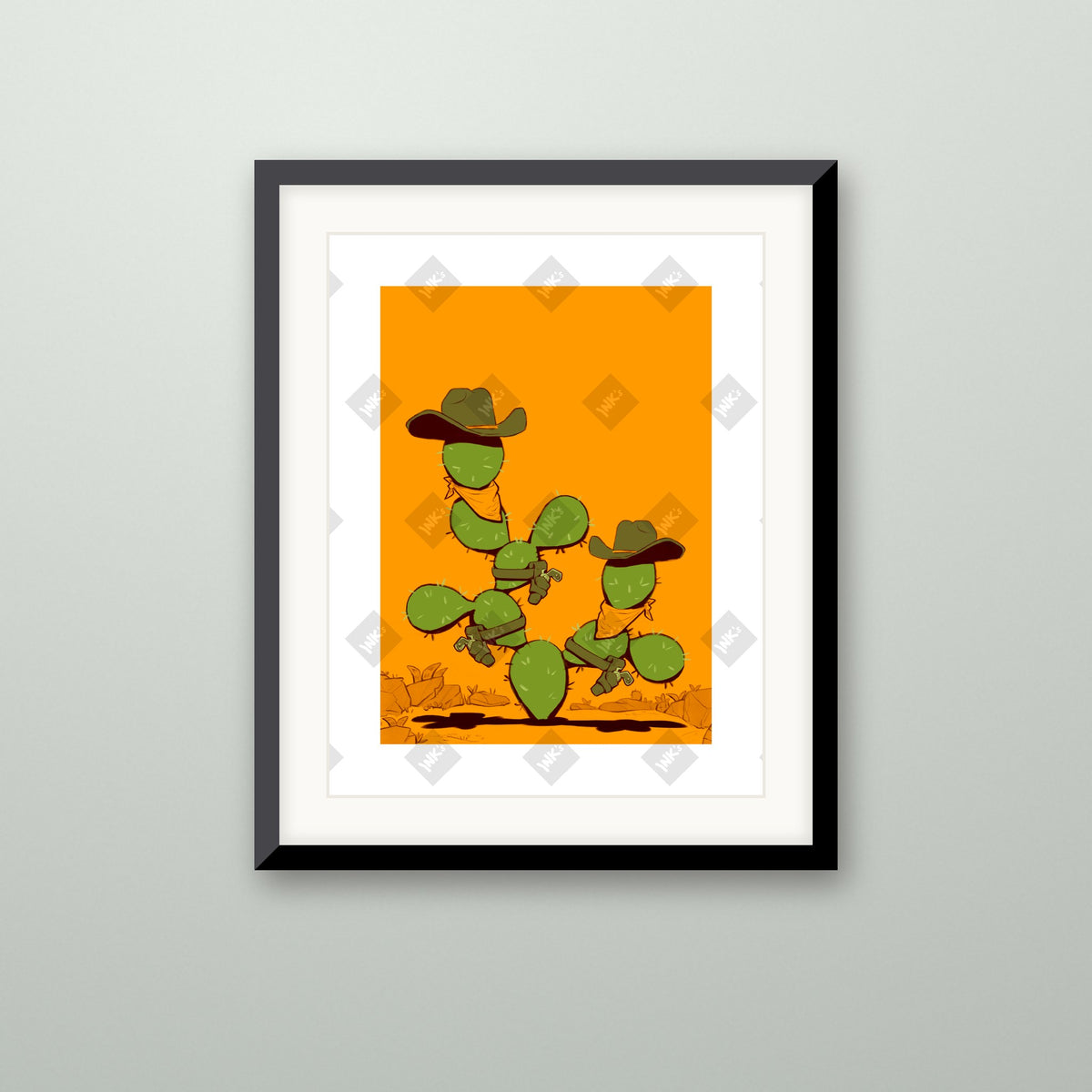Orange Cactus art print in a black frame on a wall