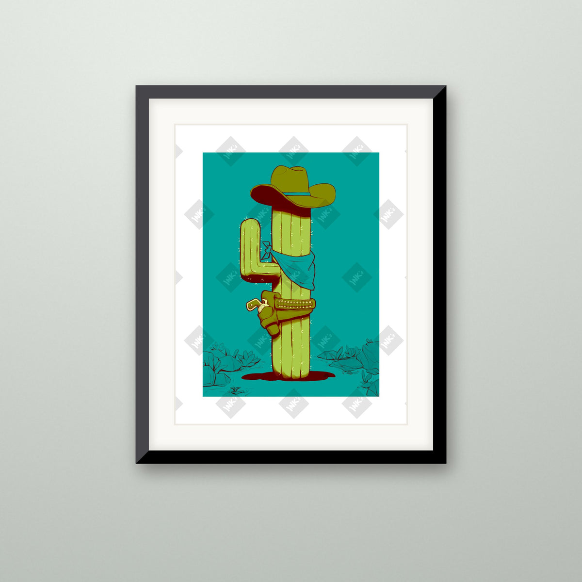 Blue Cactus art print in a black frame on a wall