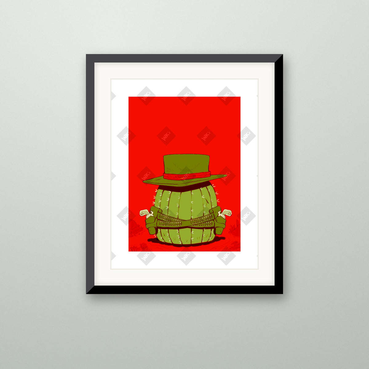 Red Cactus art print in a black frame on a wall