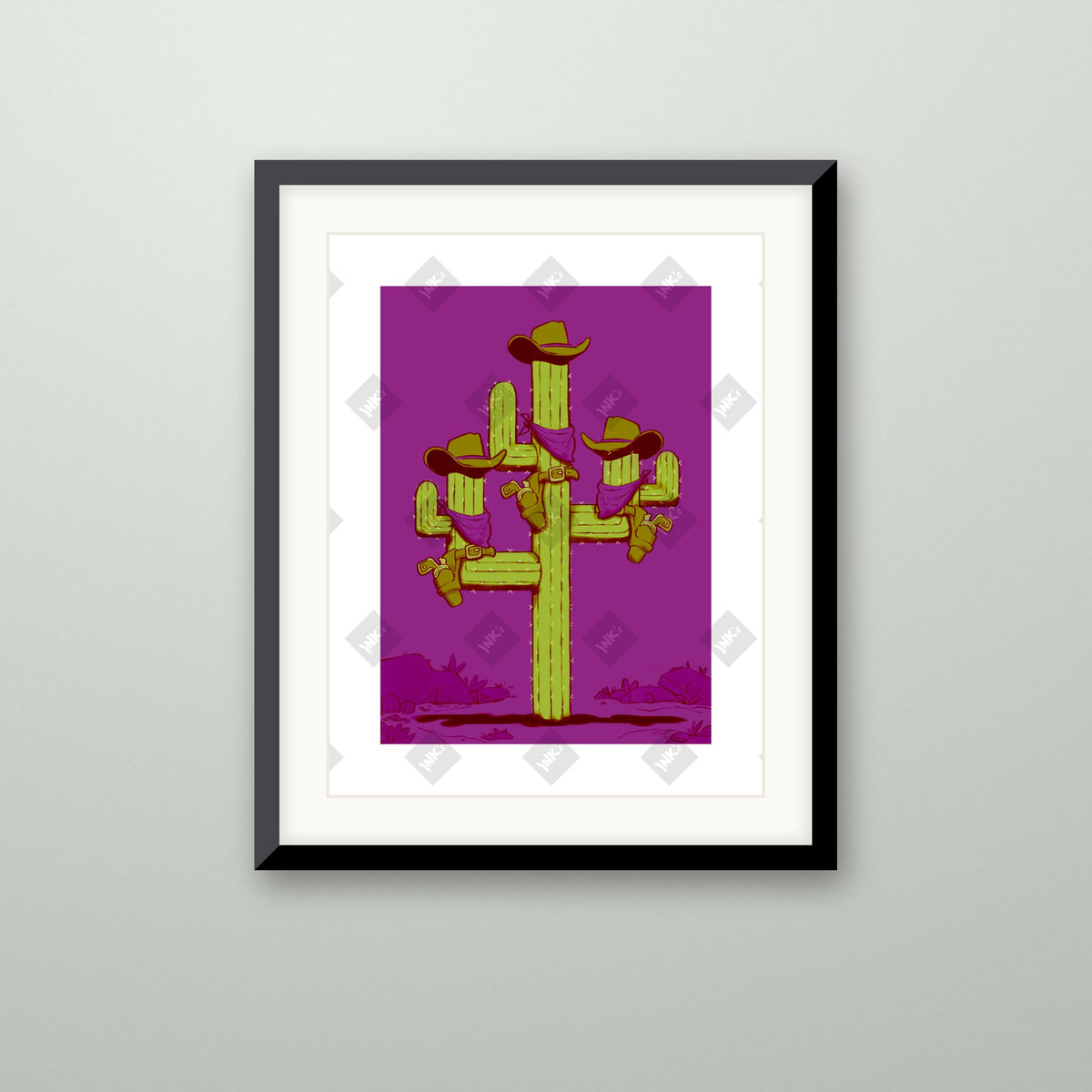 Purple Cactus art print in a black frame on a wall