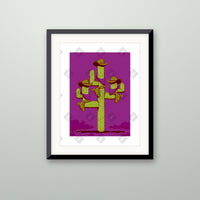 Purple Cactus art print in a black frame on a wall