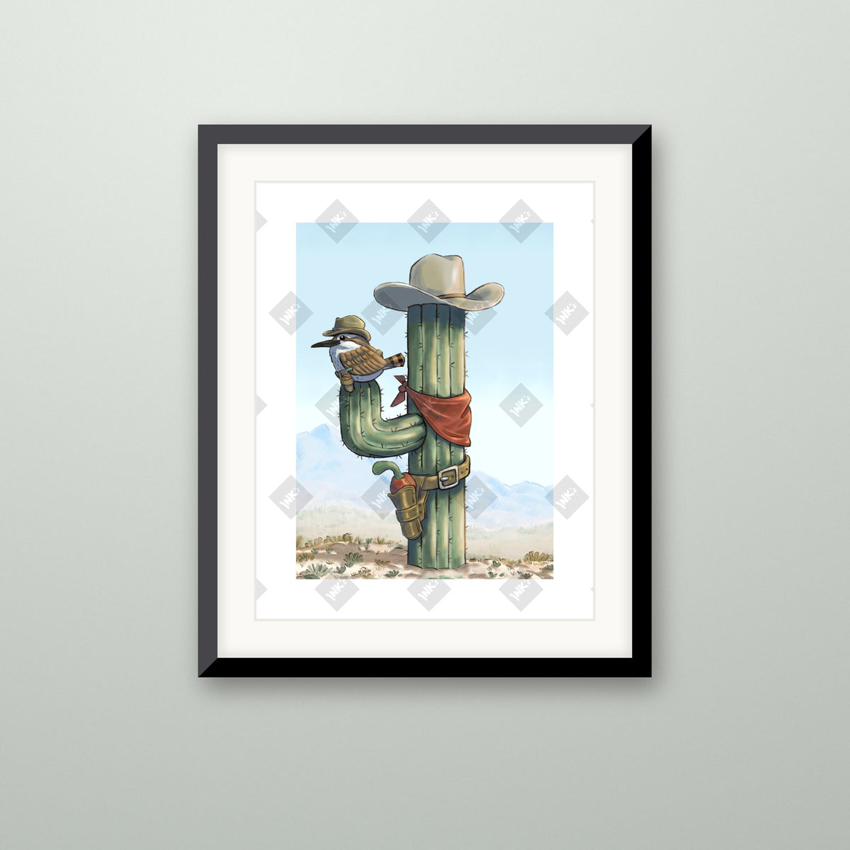 Sparrow Saguaro art print in a black frame on a wall