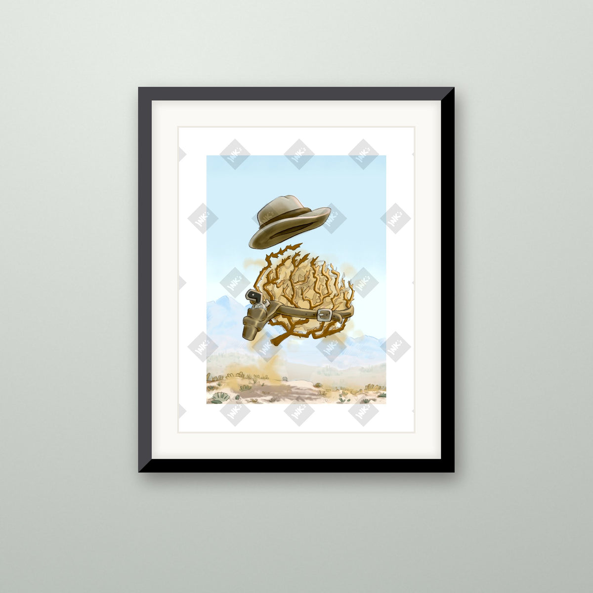 Tumbleweed art print in a black frame on a wall
