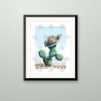 Prickly Pear art print in a black frame on a wall