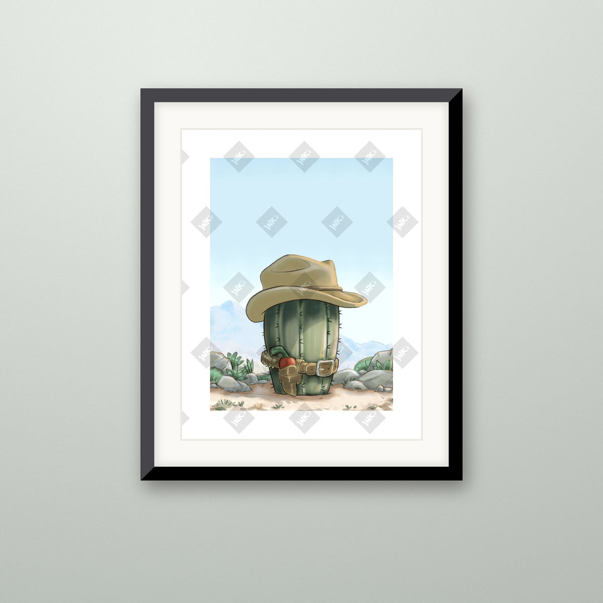 Barrel Cactus art print in a black frame on a wall