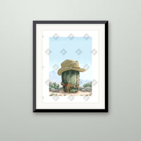 Barrel Cactus art print in a black frame on a wall