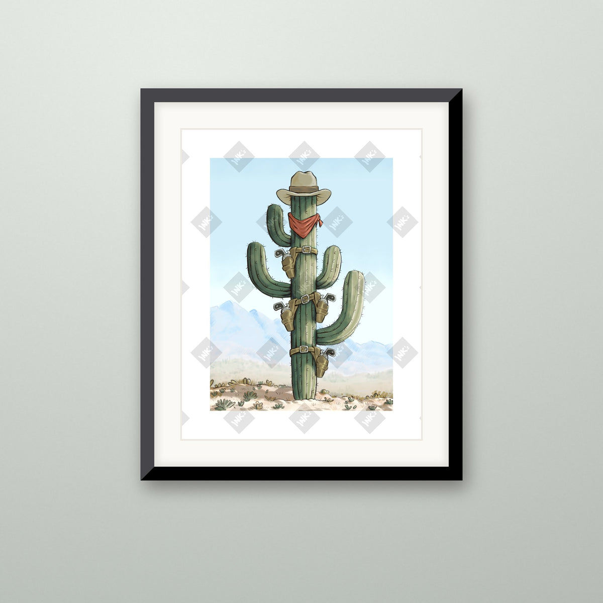 Tall Saguaro art print in a black frame on a wall