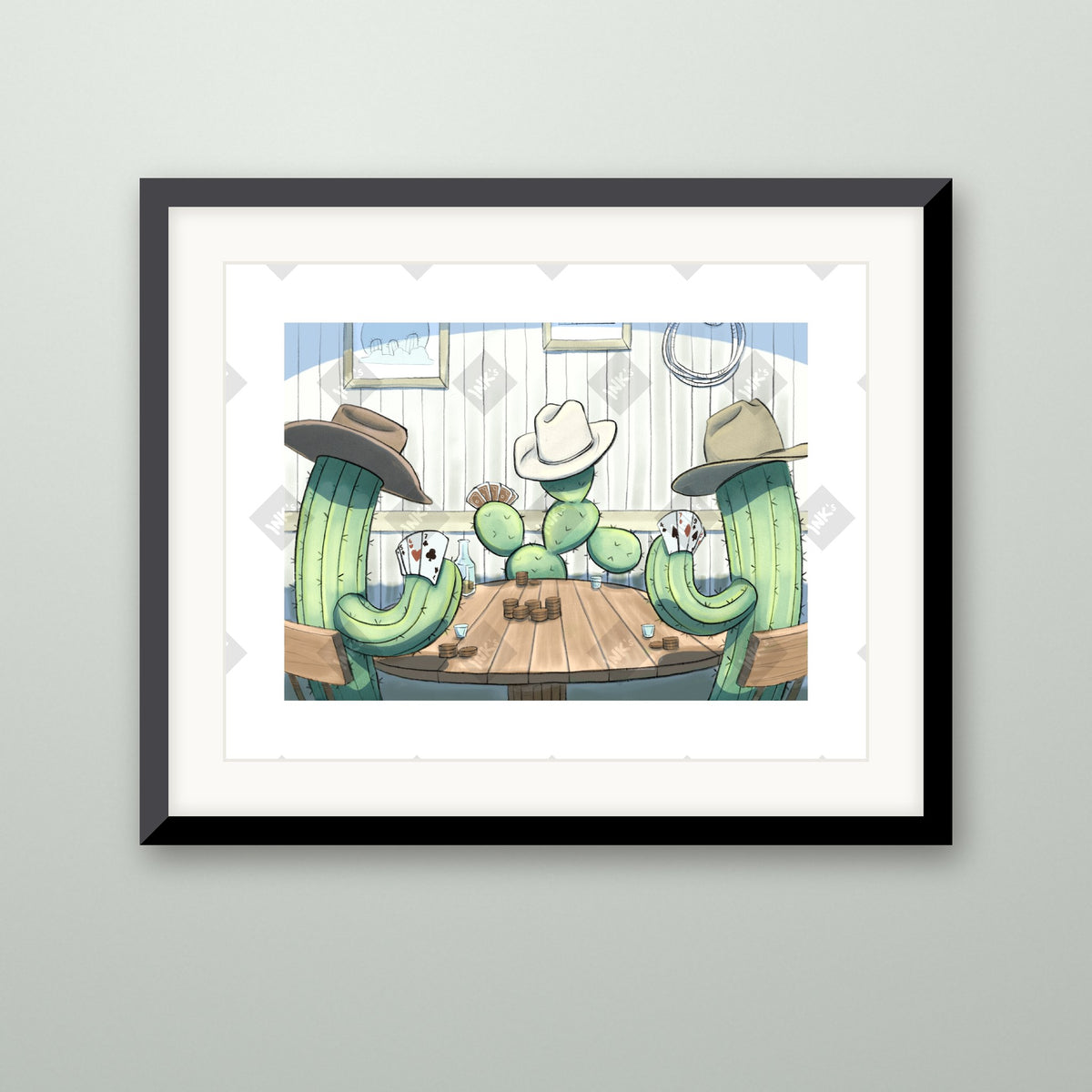 Cactus Poker art print in a black frame on a wall