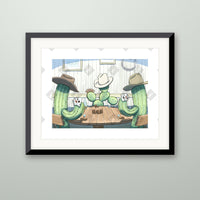 Cactus Poker art print in a black frame on a wall