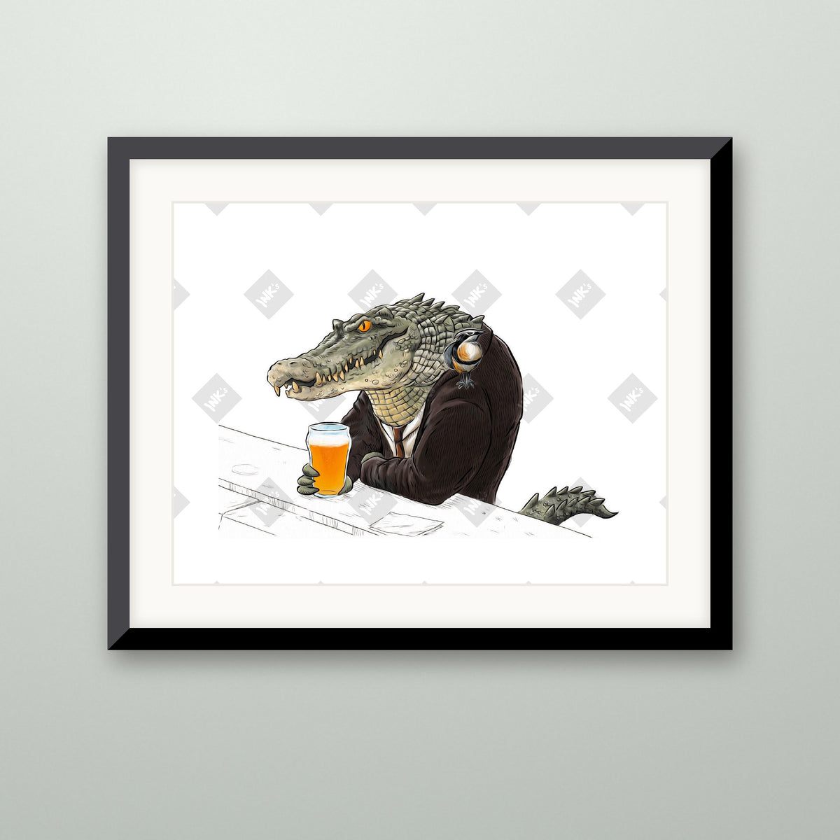Crocodile art print in a black frame on a wall