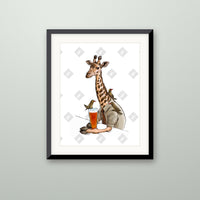 Giraffe art print in a black frame on a wall