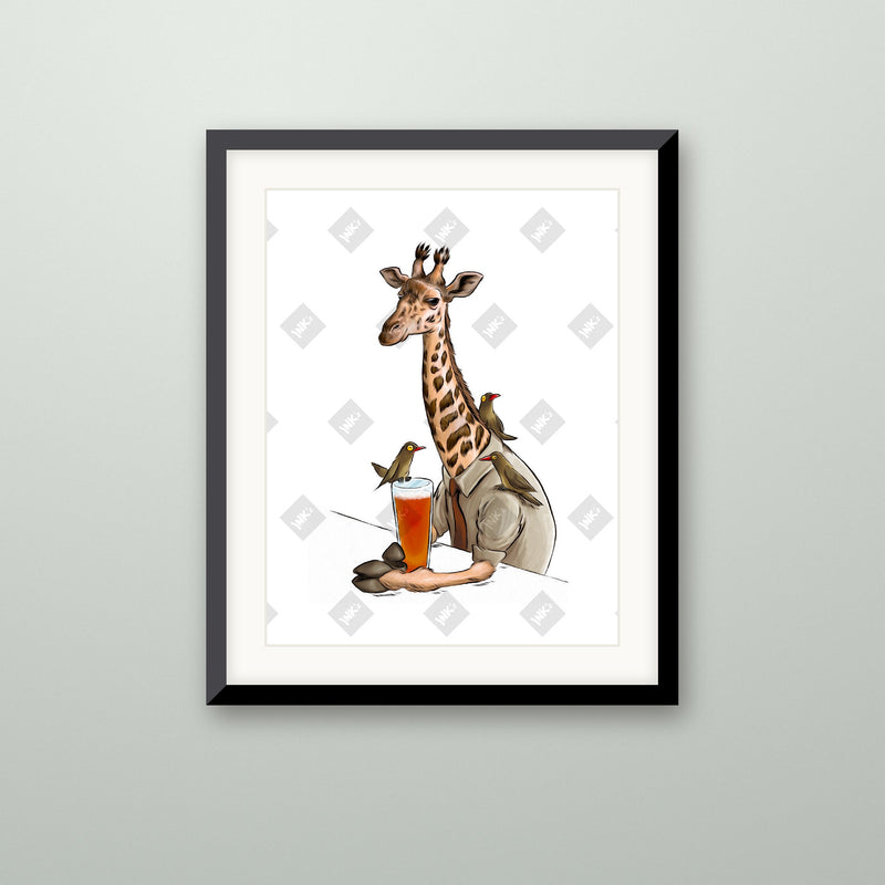 Giraffe art print in a black frame on a wall