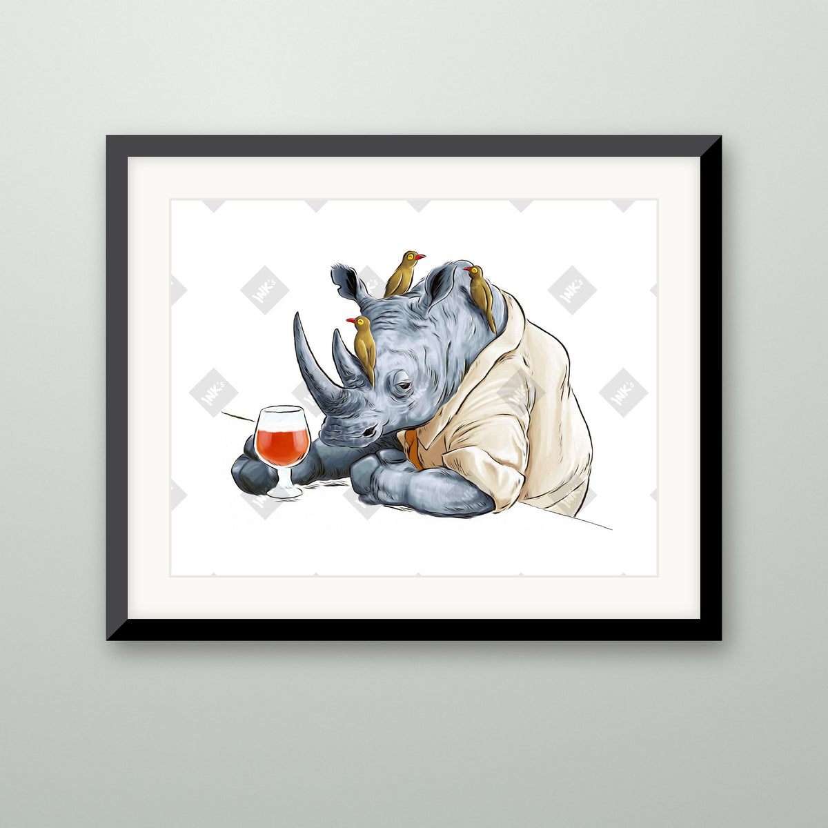 Rhinoceros art print in a black frame on a wall