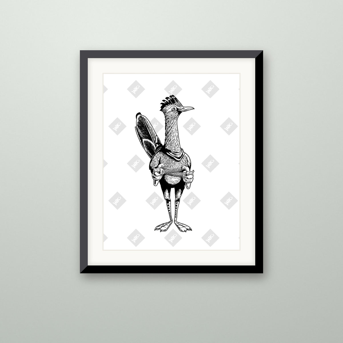 Roadrunner Gunslinger art print in a black frame on a wall