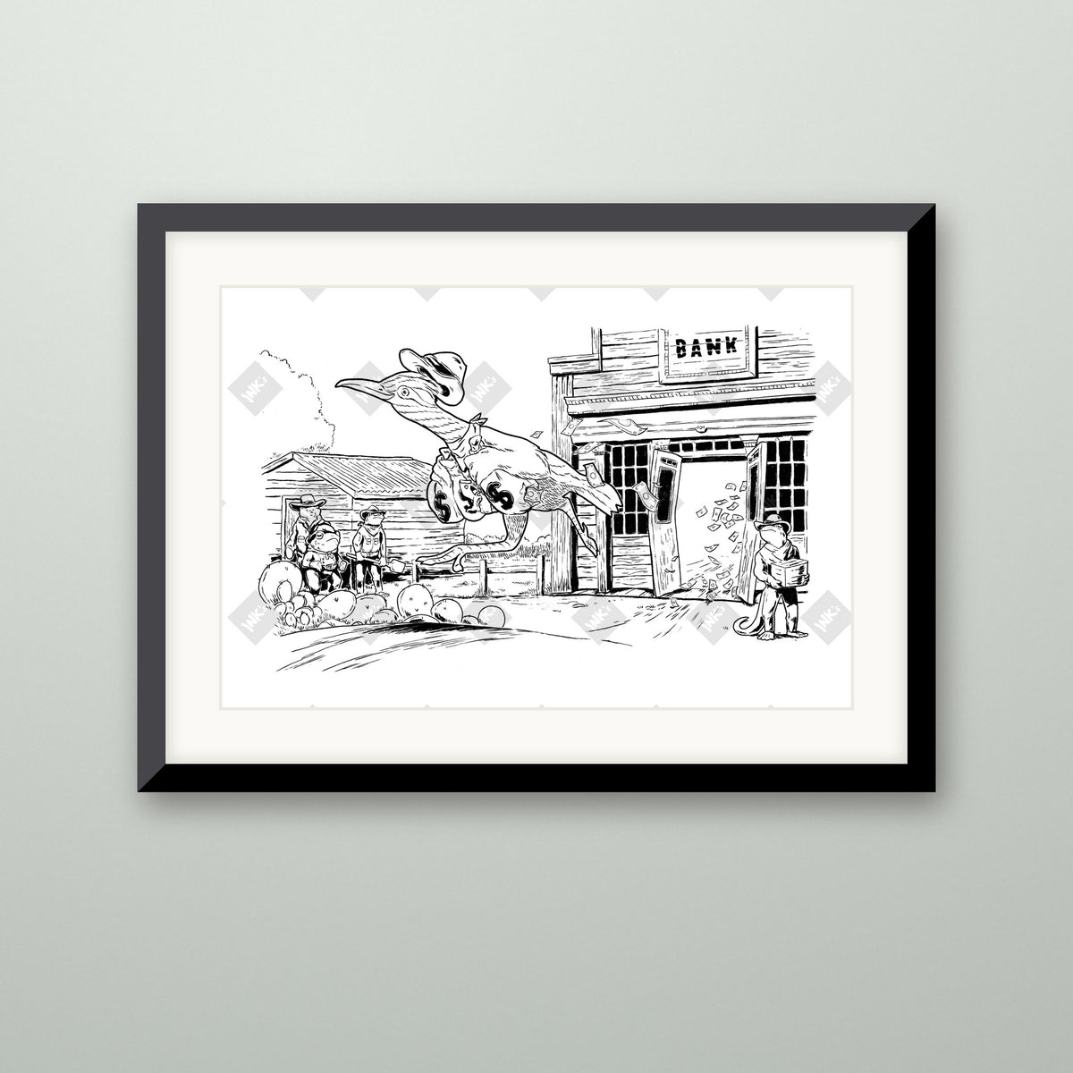 Roadrunner Heist art print in a black frame on a wall