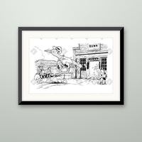 Roadrunner Heist art print in a black frame on a wall