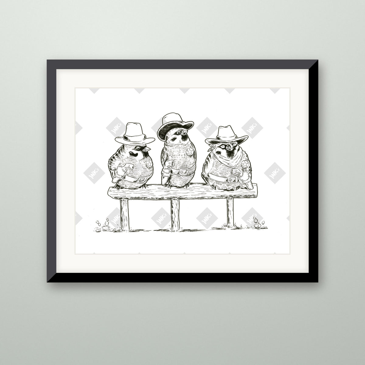 Sparrow Posse art print in a black frame on a wall
