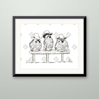 Sparrow Posse art print in a black frame on a wall